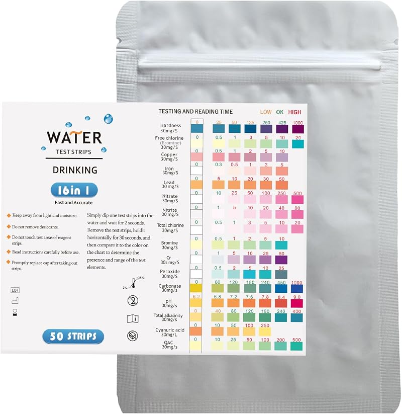 SULIVES 50-Pack Water Test Strips for pH, Lead, Chlorine & More