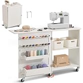 VEVOR Folding Sewing Table, Multipurpose Sewing Machine Table with Compact Design, Wheels, Shelves, Storage Trays, Wooden Pegs, and Magnetic Doors, Sewing Desk Cabinet for Sewing Machine, White
