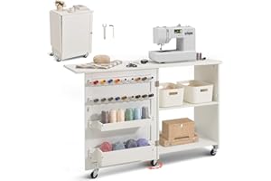 VEVOR Folding Sewing Table, Multipurpose Sewing Machine Table with Compact Design, Wheels, Shelves, Storage Trays, Wooden Pegs, and Magnetic Doors, Sewing Desk Cabinet for Sewing Machine, White