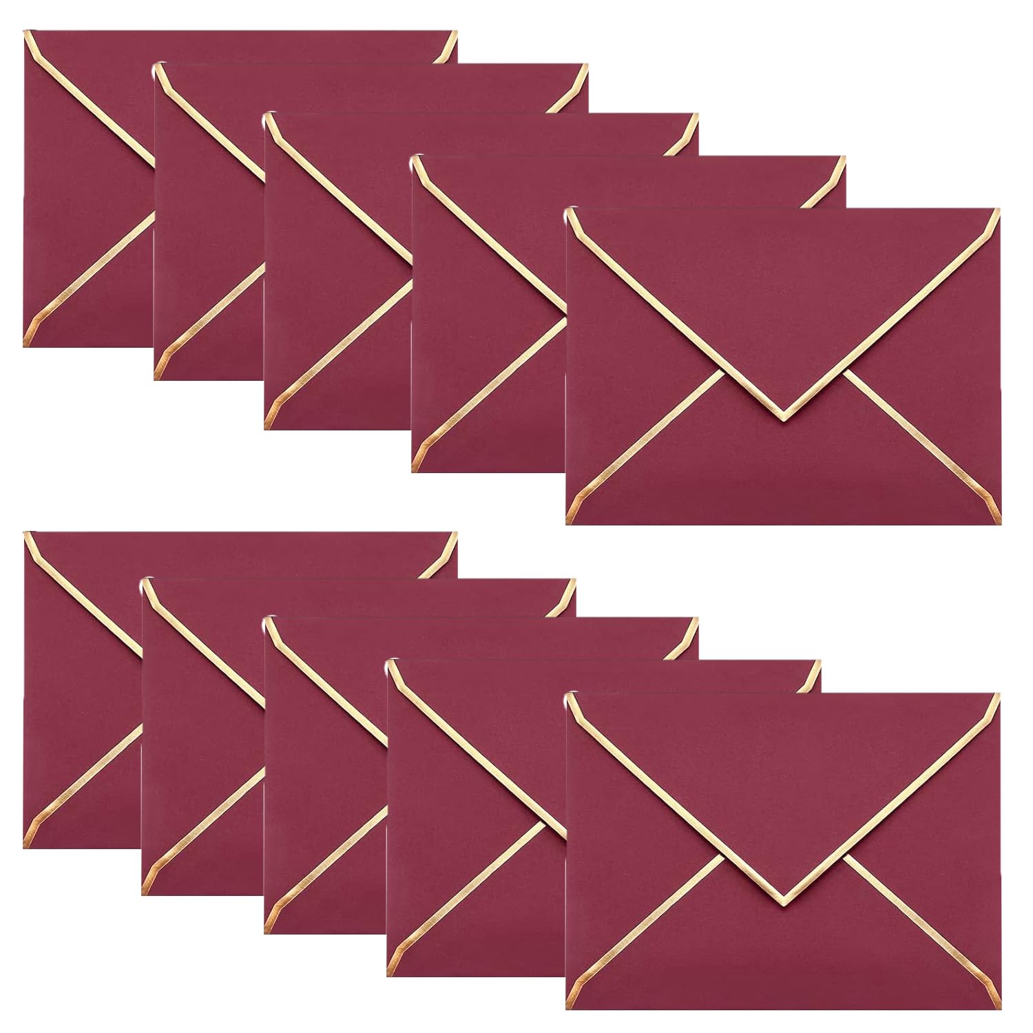 50 Pcs A7 Invitation Envelopes, 5 x 7 Inch Card Envelopes V Flap Envelopes with Gold Border for Wedding Gift Cards, Invitations, Graduation, Baby Shower, Parties (Burgundy)