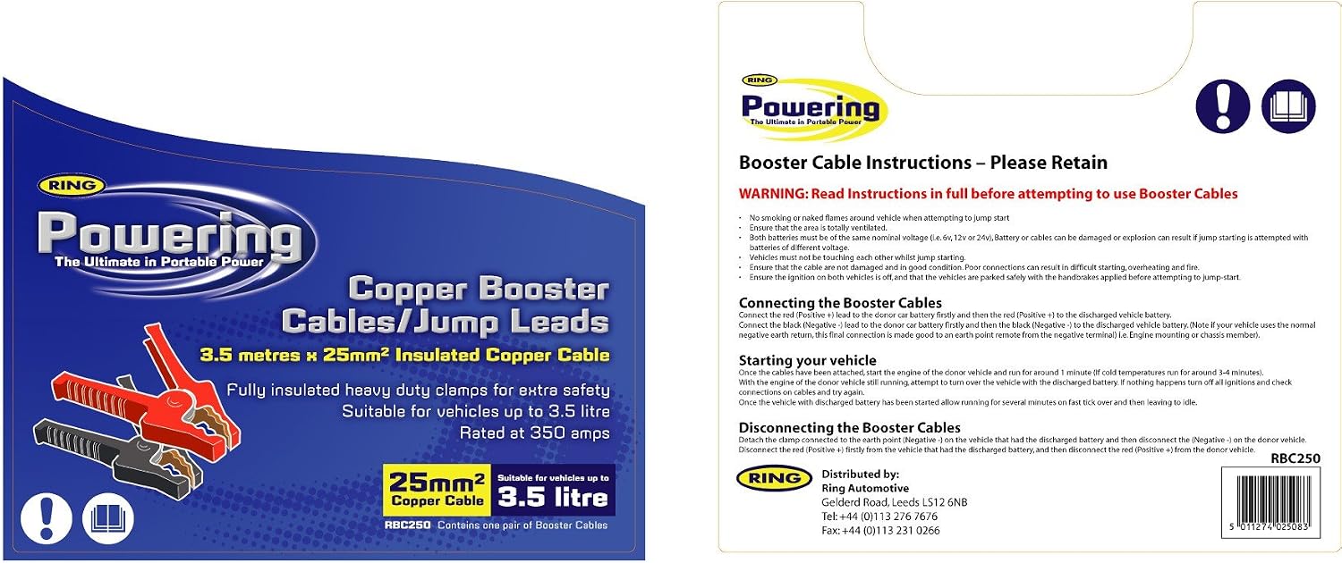 RING 350A Copper Booster Cables For Jump Starting: Fully Insulated Battery Clamps, Black - Image 3