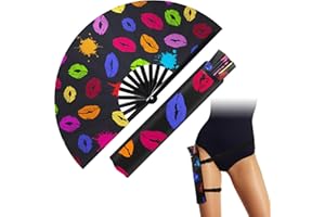 FairySandy Large Rave Fan UV Glow Hand Fan with Holster for Men/women, Rave Fan for Edm Music Festival Club Rave Accessories (Reflective Lip Prints)