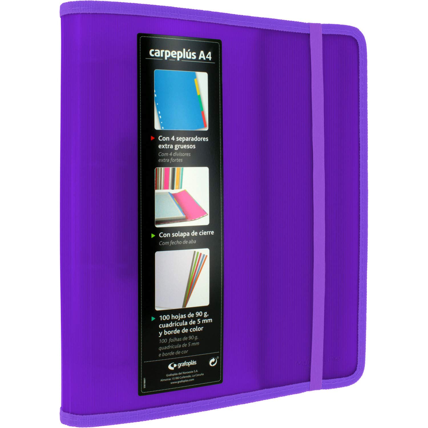 Grafoplás 88200035 A4 Violet Polypropylene 4-Ring Binder, with Side Flap, Refill of 100 Sheets, Dividers and Transparent Envelope, Multiline.
