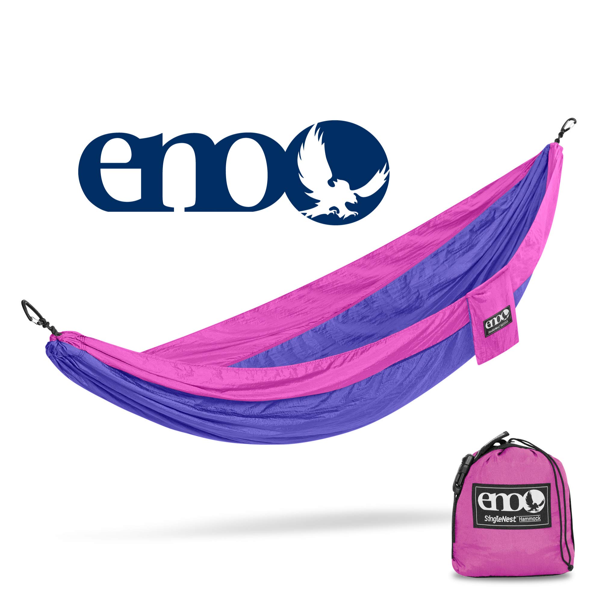 ENO Singlenest Hammock Purple Fuchsia Soft Breathable Fabric 70 Denier High Tenacity Nylon Taffeta Heavy Duty Triple Stitched Fast Dry Compression Stuffsack Aluminium Wiregate Carabiners Weight 454 g