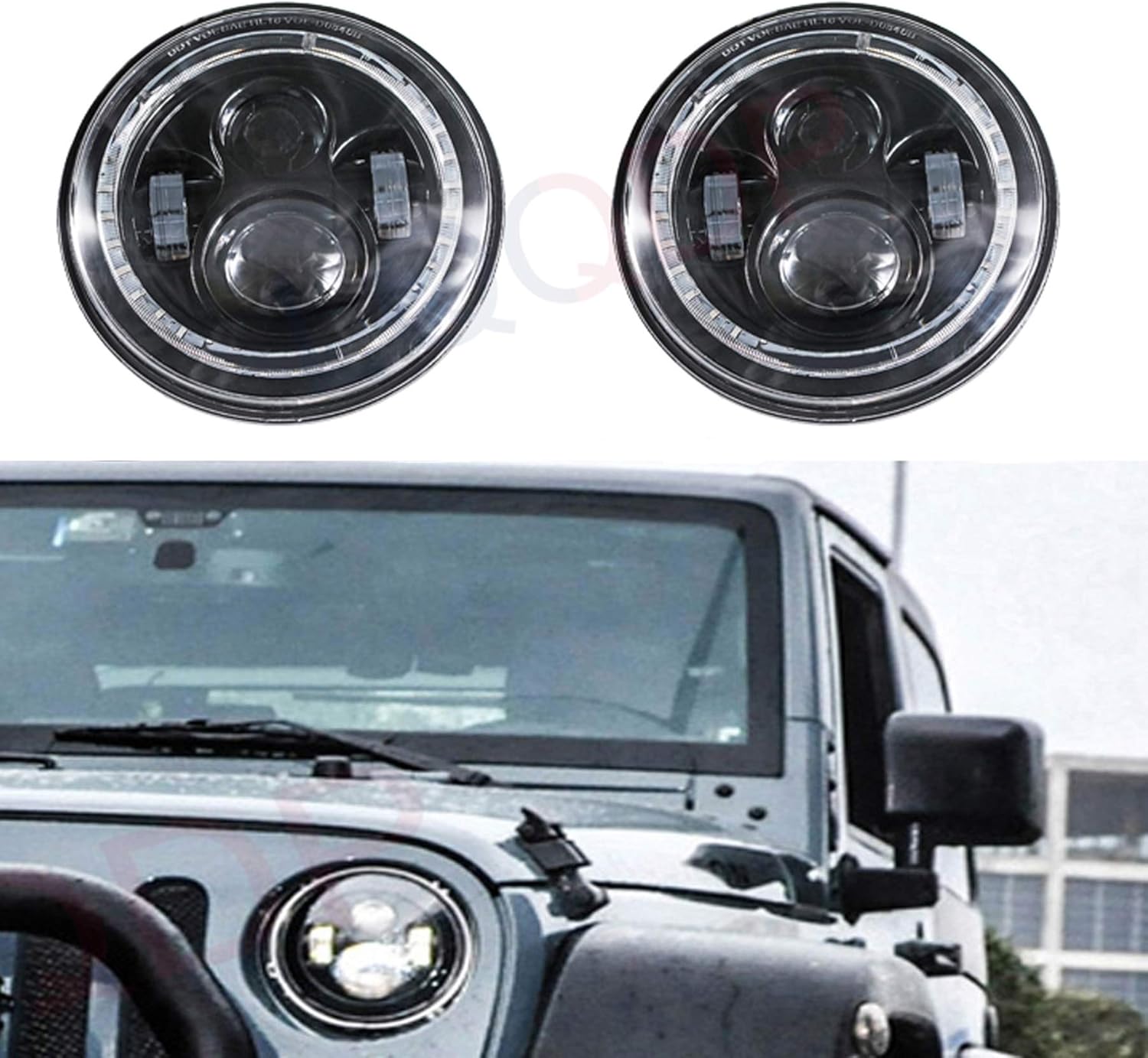 LQQDP 2pcs DOT 7" Round H6024/H6017/6015/6014/6012 Conversion Kit LED Halo Angel Eye Projector Headlights Assembly Amber Turn Signal White High/Low Beam DRL Daytime Running Light+H4/H13 Adaptor