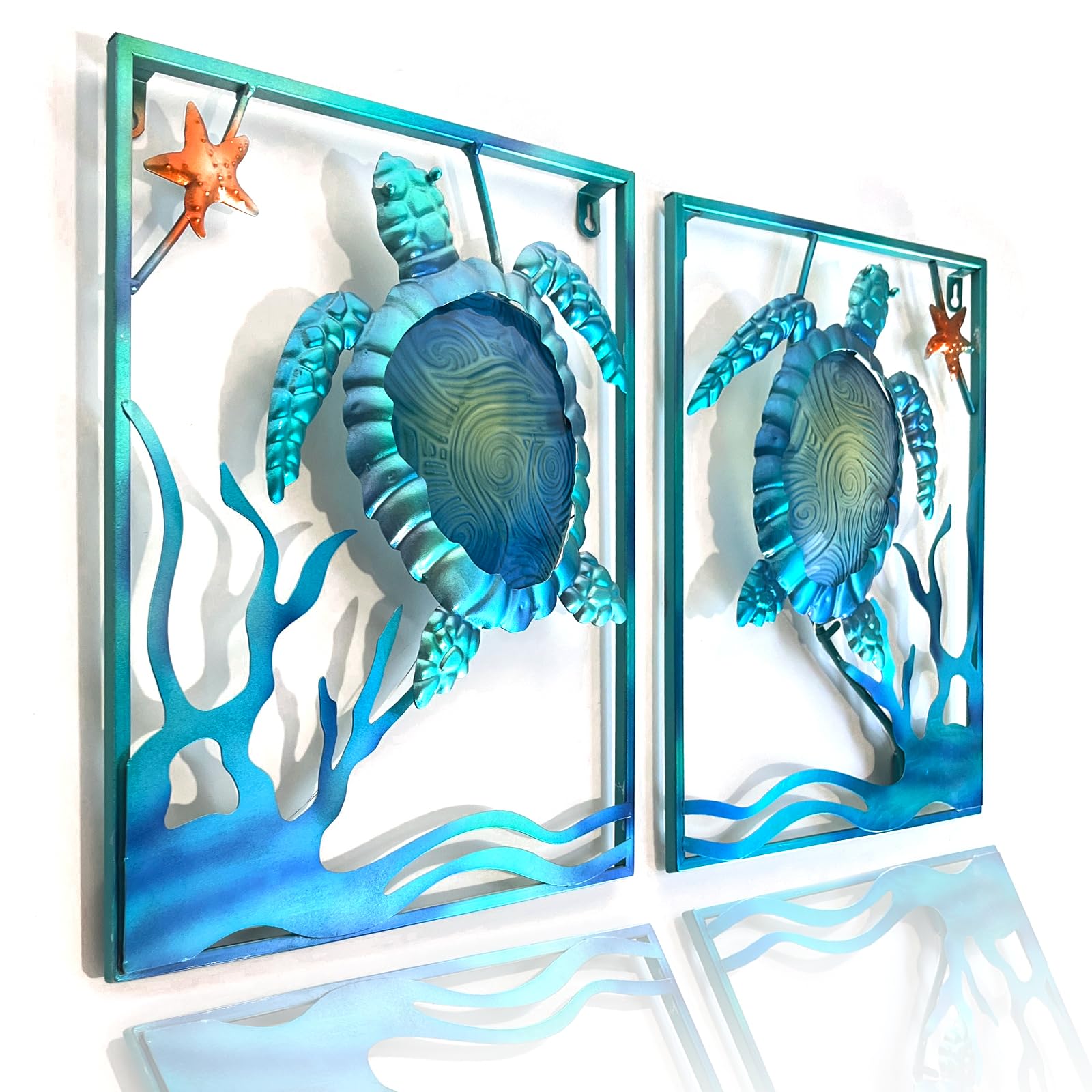 Photo 1 of LIFFY Metal Sea Turtle Beach Themed Bathroom Wall Art Decor with Frame-Outdoor Wall Art with LED Fairy Lights, Fish Glass Art Wall Sculpture for Patio,Beach,Garden,Yard,Pool,home gift(2pcs, Blue)