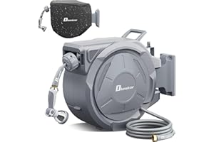 DKENICOR 1/2" x 115 ft Retractable Hose Reel, Heavy Duty Retractable Garden Hose Reel Wall Mounted with 10-Pattern Hose Nozzle/Any Length Lock/Slow Return System/180°Swivel Bracket