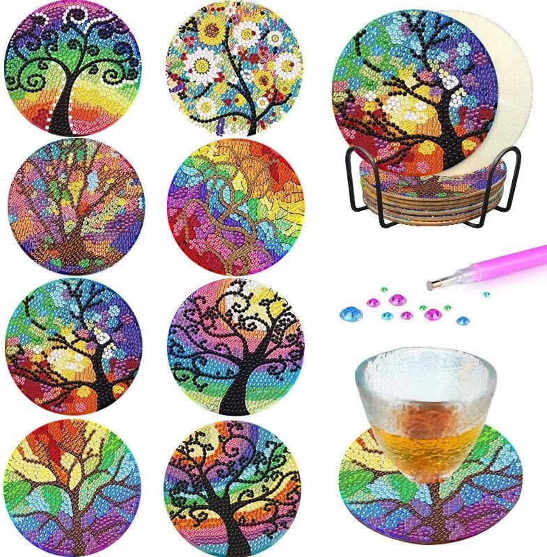 8 PCS Diamond Painting Coasters Kit with Holder, DIY Colorful Tree Art Coasters for Adults Beginners, Round Full Drill Set Art and Crafts Gifts