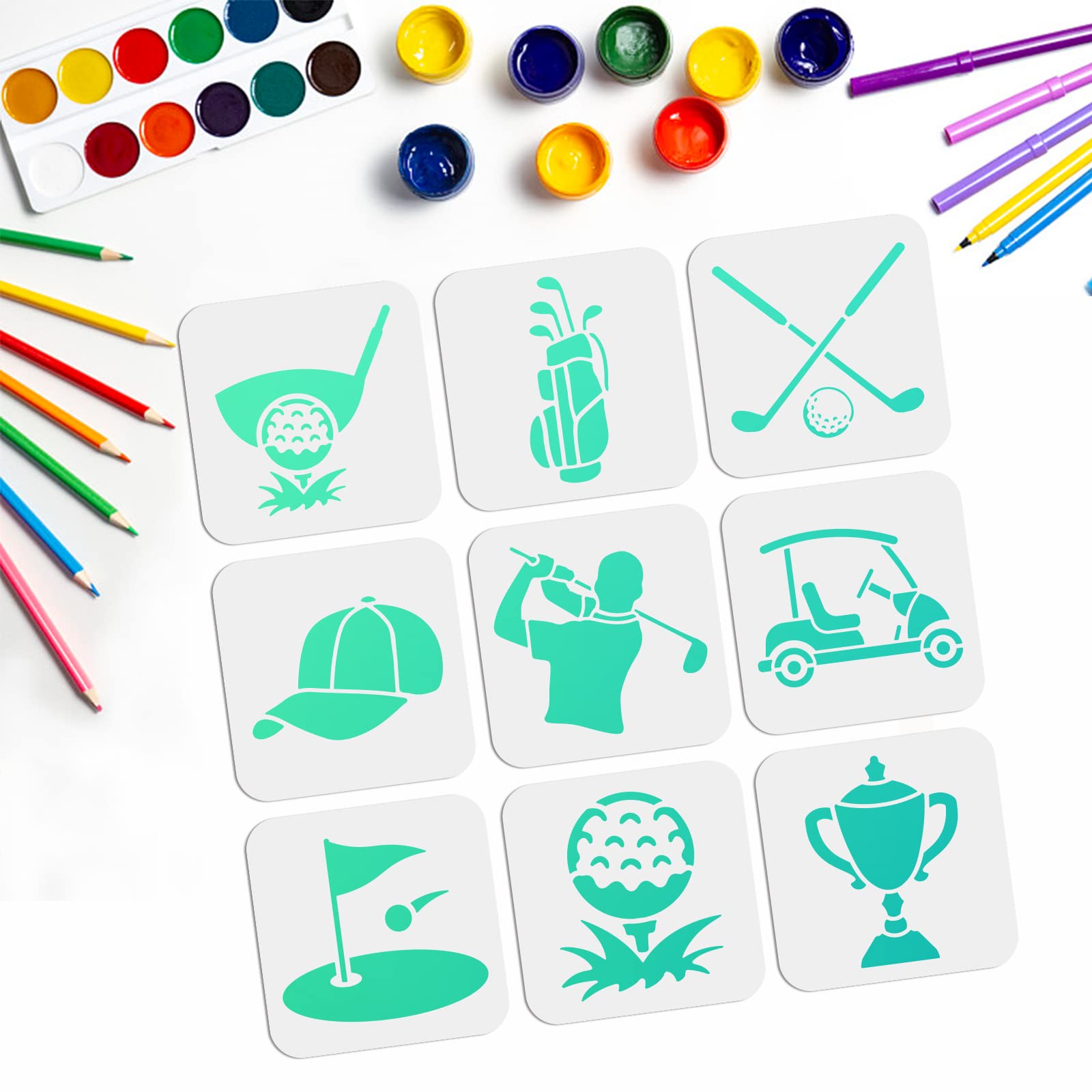 MAYJOYDIY Golf Stencils Set, 9PCS 15x15 cm, Reusable Golf Club Cart Painting Templates for Walls Fabric Wood Furniture Canvas Decoration