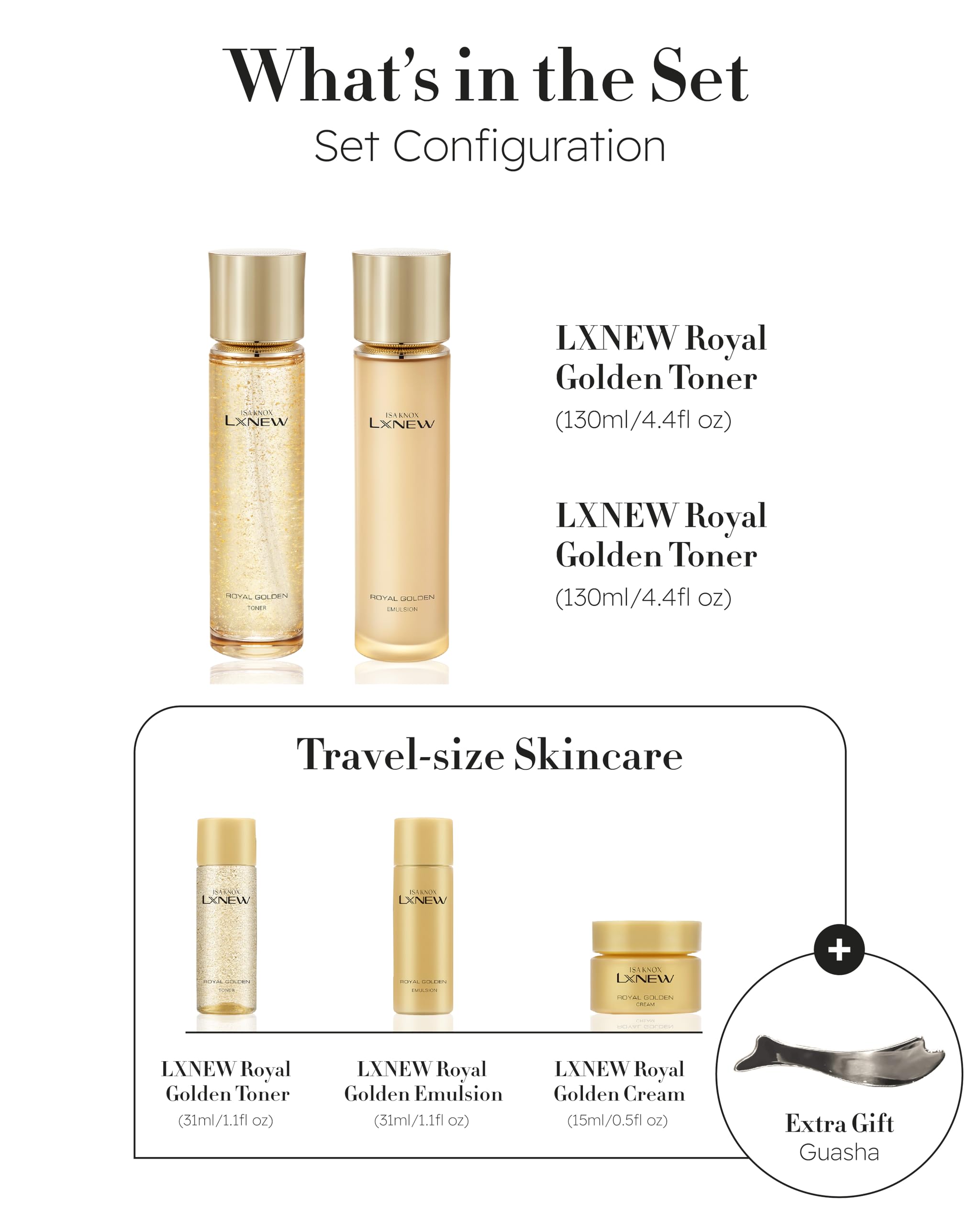 ISA KNOX Royal Golden Skin care Gift Set (11.4fl oz) - Korean Luxury Skin Care for Rejuvenation and Youthful skin. Royal Peptides & Jelly, Niacinamide. Guasha