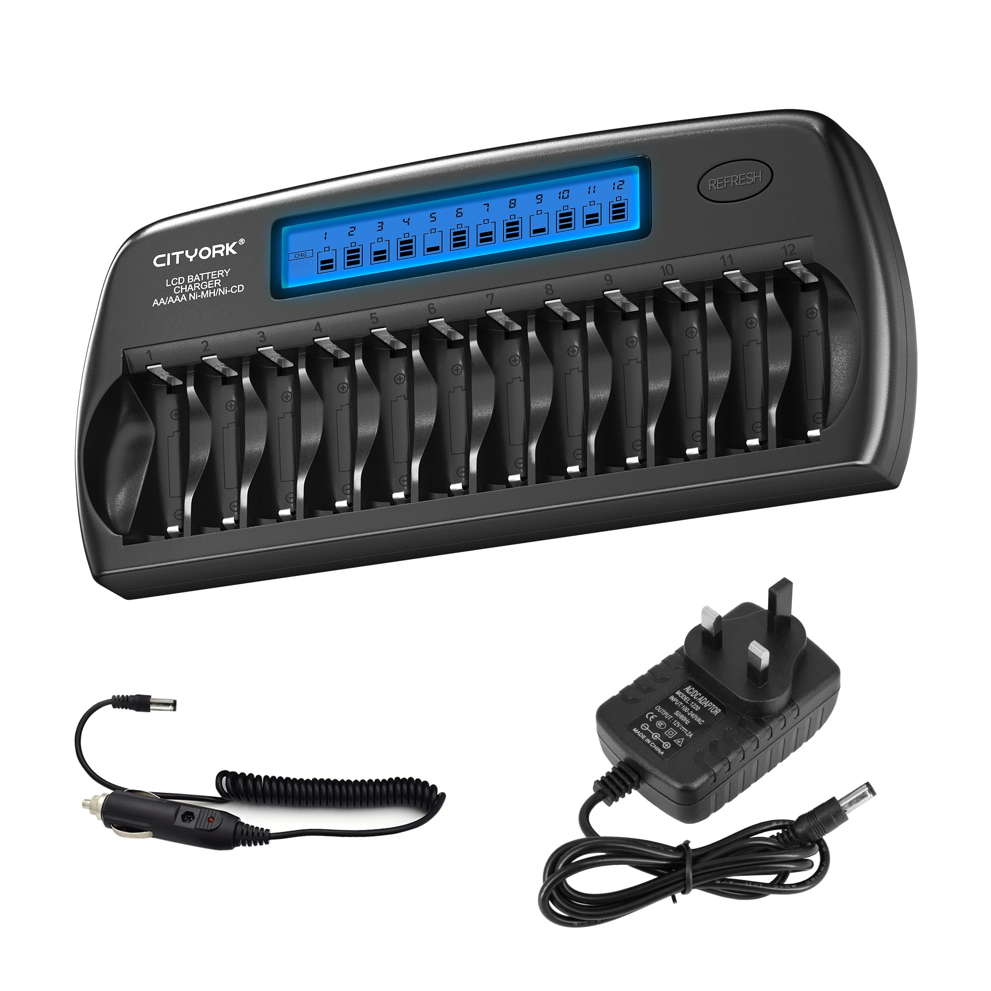 CITYORK 12 Bays Smart Battery Charger, AA, AAA, Ni-MH, Ni-CD Rechargeable Batteries Charger with Intelligent LCD Display