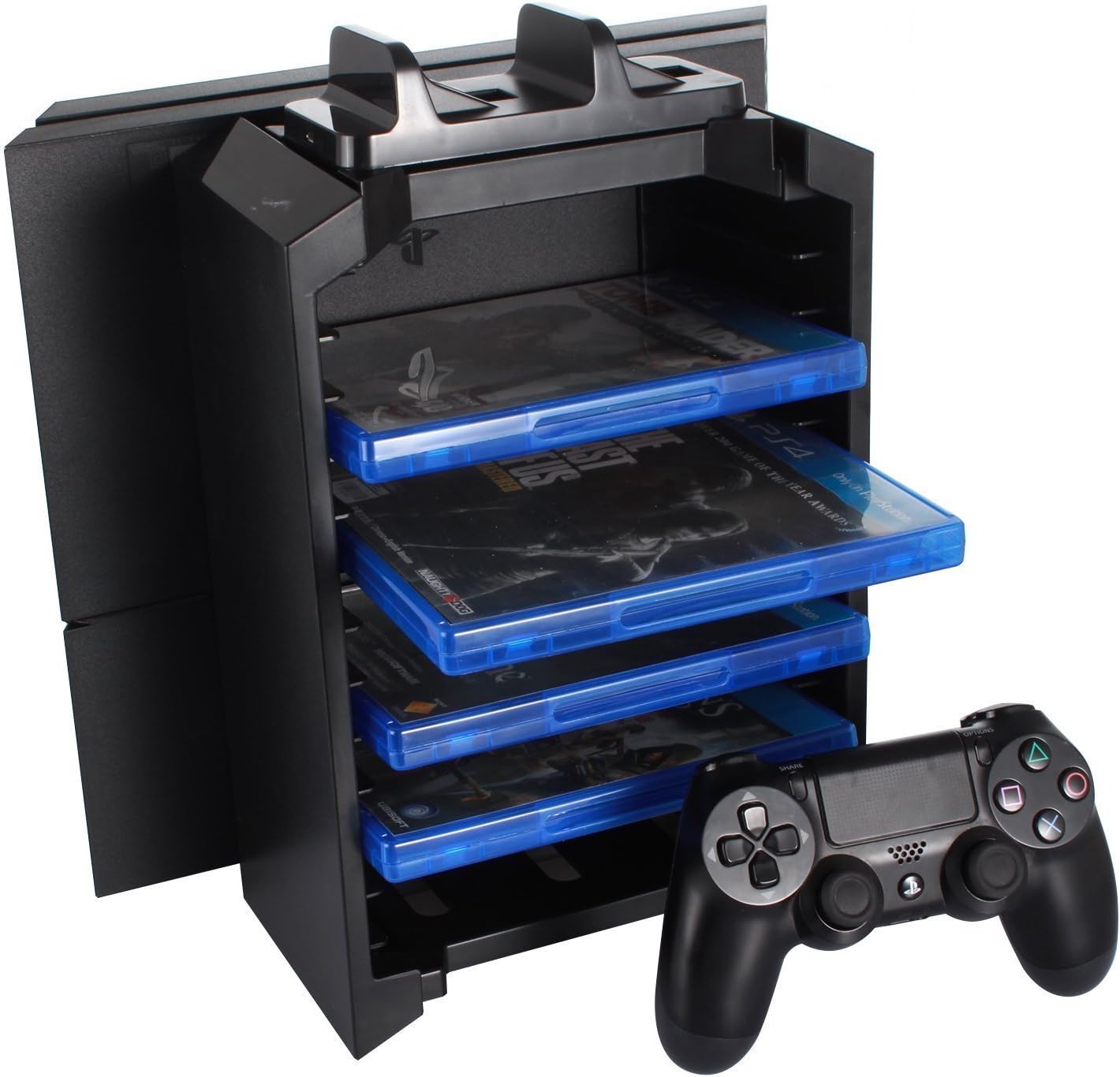 KONKY - PS4 Game Storage Tower Controller Charger, Multifunctional Detachable Playstation 4 Console Vertical Stand & CD Game Disk Holder, Blue-Ray Films Storage & PS4 Dual USB Fast Charging Dock