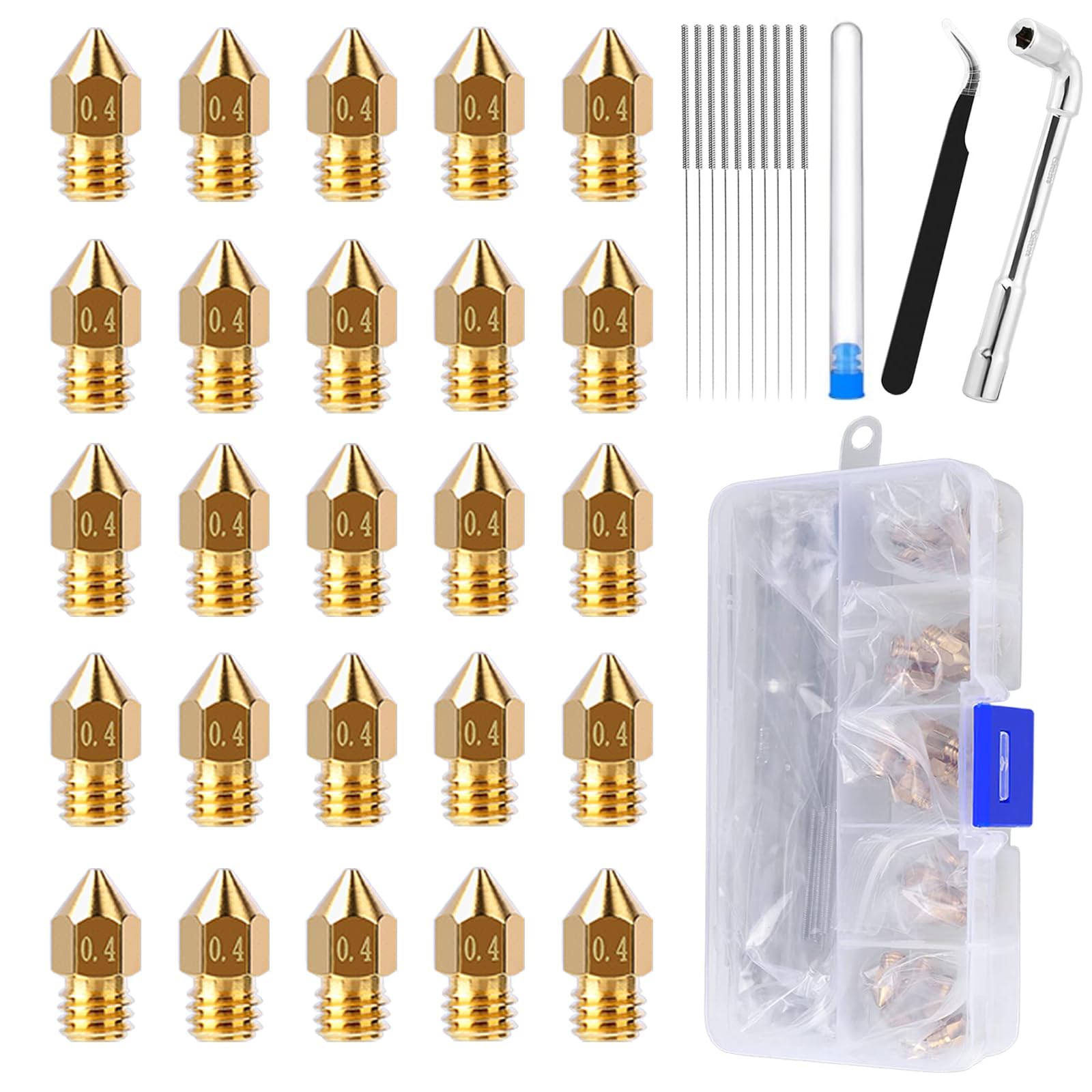 Photo 1 of Comgrow 25PCS MK8 Ender 3 V2 Nozzles 0.4MM, 3D Printer Brass Hotend Nozzles with DIY Tools Storage Box for Creality Ender 3/Ender 3 Pro/Ender 3 Max/5 Pro/Ender 3 S1/Ender 3 Neo/CR 10 Series 3D Printer