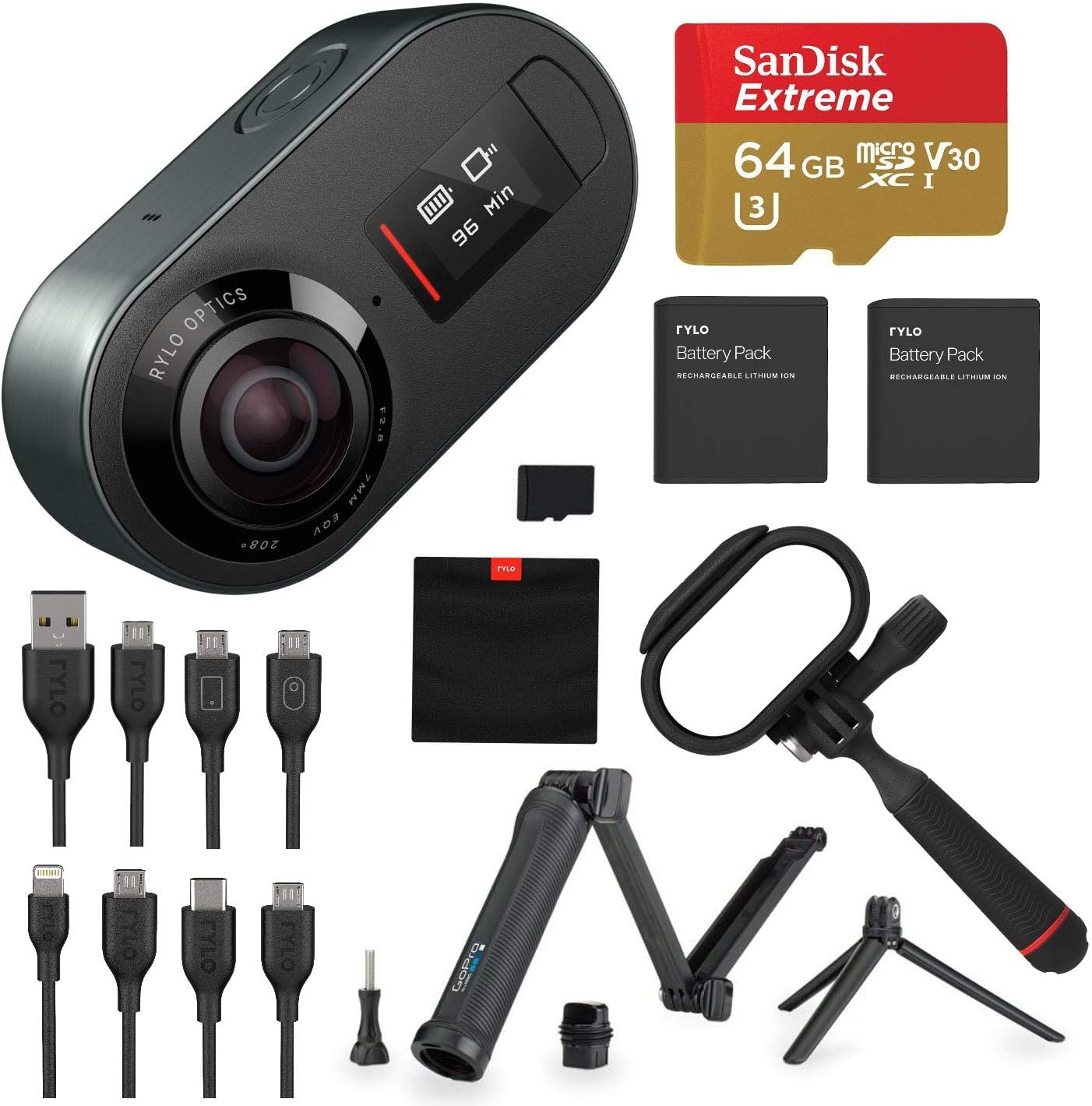 Rylo 5.8K 360 Degree Video Action Camera Black, (iPhone + Android) Bundle Kit with 64GB Micro SD Card + GoPro 3-Way, 3-in-1 Mount + Everyday Case +Extra Lithium-Ion Battery + 16GB SD Card
