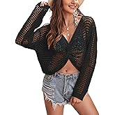 BreathSunny Womens Slim Fit Crochet Knit Long Sleeves Swimsuit Coverup Cropped Top Summer 2025 V Neck Twist Knot Swimwear Coverups Beach Swim Bikini Bathing Suit Cover Up Crop Tops Black L