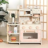 CUTE STONE Wooden Play Kitchen for Kids, Pretend Kitchen Playset with Coffee Maker, Oven, Microwave, Cookware Accessories, Pl