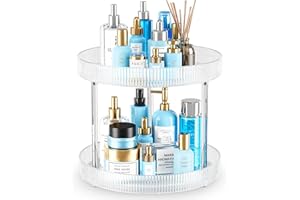 ACINA 360° Clear Rotating Storage Tray, 2 Tier Lazy Susan Bathroom Countertop Organizer, Cosmetics and Perfume Organizer, Spinning Storage Tray Vanity Organizer Shelf for Bathroom Cabinet, Kitchen(Medium)