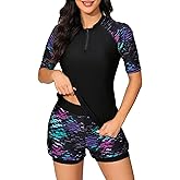 Bonneuitbebe Women 2 Piece UPF 50+ Rash Guard Short Sleeve Half Zip Swim Shirt Built in Bra Swimsuit with Boyshort Bottom