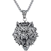 FUTIMELY Men's Stainless Steel Viking Wolf Necklace - Vintage Gothic Tribal Pendant - Punk Style Domineering Fierce Amulet Wolf Head Jewelry