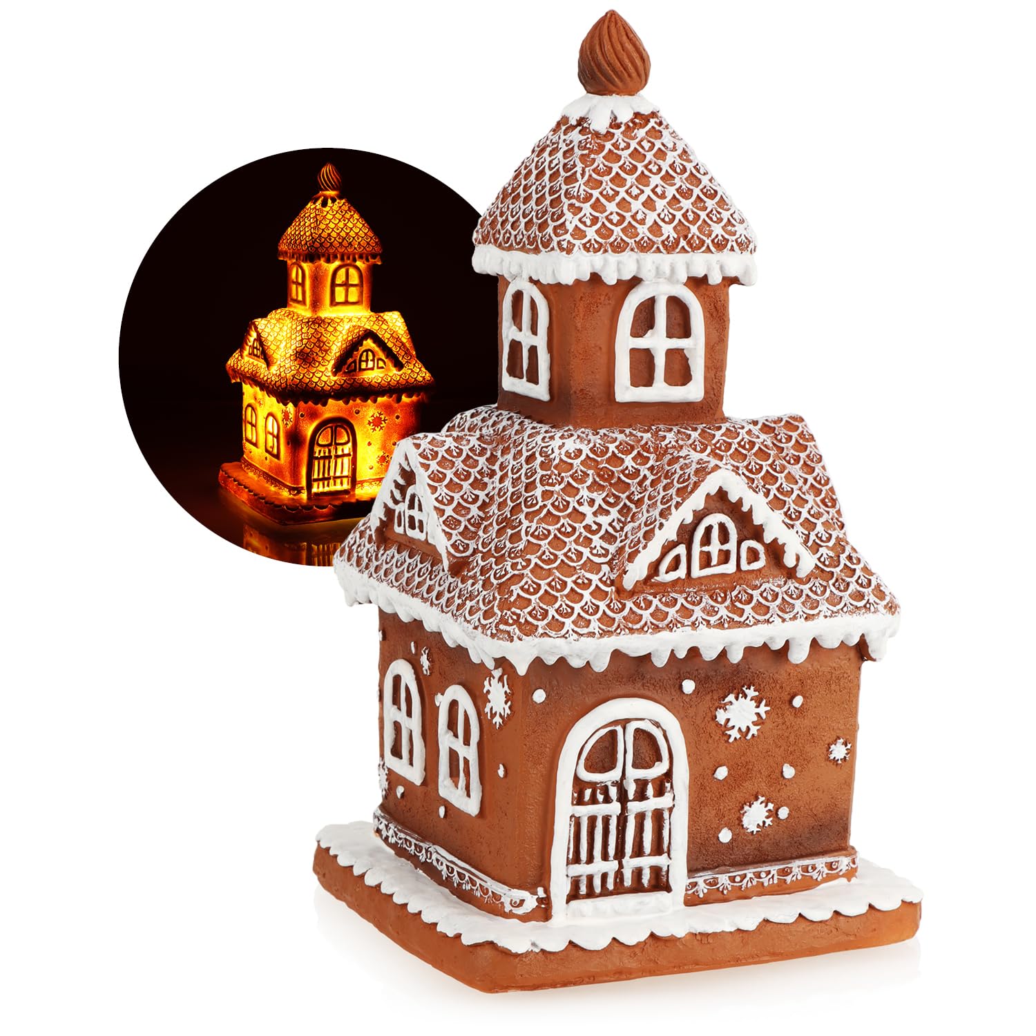 com-four® Light house in gingerbread look 25 cm - Gingerbread house with lighting - Christmas decoration with time-controlled lighting - Christmas decoration (1x gingerbread church)