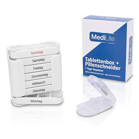 MediLite® Medikamentendosierer – Premium Tablettenbox zur besonders einfachen Handhabung – Pillendosierer und Fächer für 7 Tage - Inklusive Pillenteiler