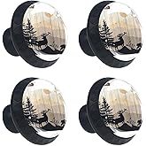 CAPVKING 4 Pcs Rustic Wildlife Bear Deer Moose Vintage Wooden Plank Glass Drawer Knobs Black Dresser Knobs Drawer Pulls Door Knobs Dresser Drawer Handles for Wardrobe Cupboard Hardware Furniture