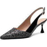 congliji Women's Kitten High Heels 2 Inch Sequin Pointed Toe Leather Pumps Comfortable Slip On Wedding Party Dress Stilettos Shoes