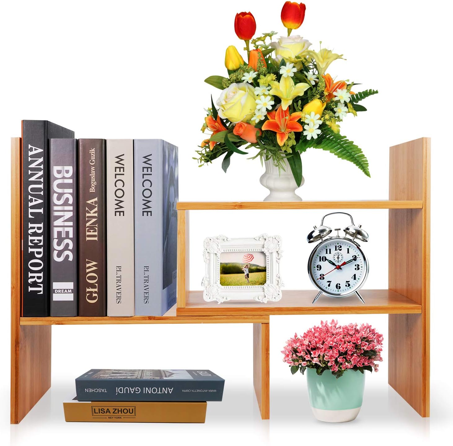 Baboo Desktop Bookshelf Counter Top Bookcase Adjustable with 2 Drawers, Desk Storage Organizer Display Shelf Rack for Office Supplies, Kitchen, Bathroo - Furniture and Office Furniture price