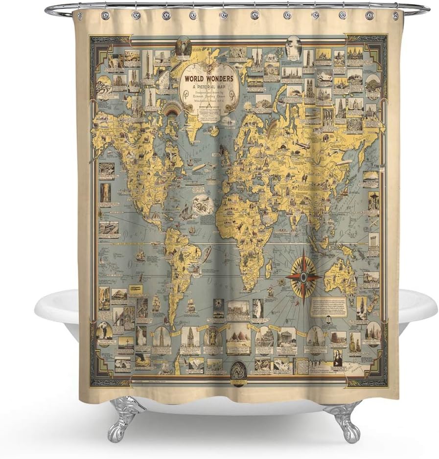 KISY Old World Map Waterproof Bath Shower Curtain Ancient Shabby Chic Compass Nautical Historical Map Educational Art Bathroom Shower Curtain Standard Size 70" x 70",Vintage