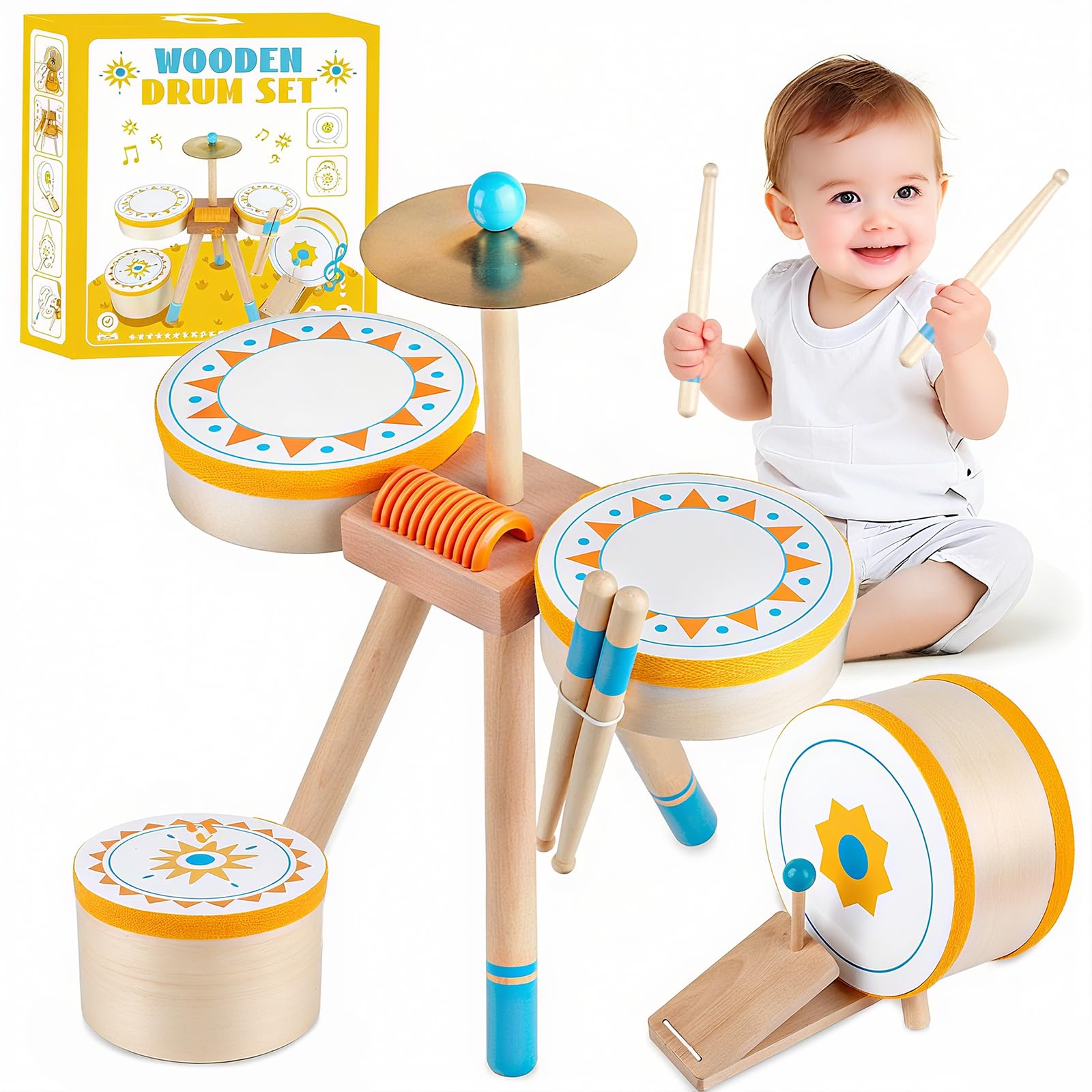 Photo 1 of Toddlers Drum Set Toy for 1 2 3 Years Old ,Kids Wooden Jazz Drum for Toddlers Montessori Musical Instruments for Boy Girl, Percussion Set Baby Musical Toys, Birthday Gift for 1 2 3+ Kids Baby