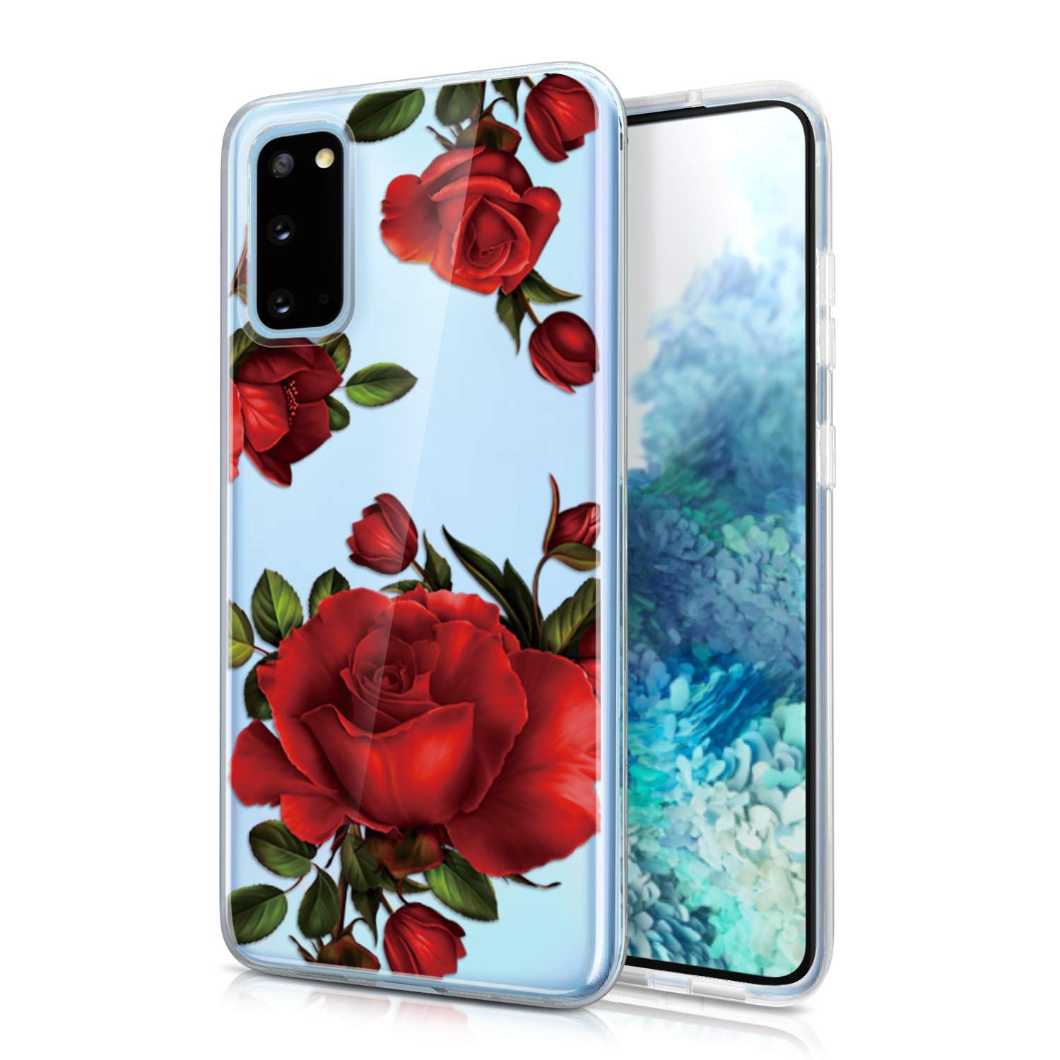 JAHOLAN Galaxy S20 Case Clear Cute Girl Flower Design Flexible Bumper TPU Soft Rubber Silicone Cover Phone Case for Samsung Galaxy S20 5G 6.2 inch - Flower Rose Red