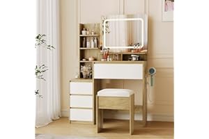 Vanity Desk with Mirror and 3-Color Adjustable LED Lights: 36-Inch Dressing Table Featuring Power Outlet, USB Ports, 4 Drawer