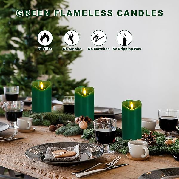 VEEKI FLAMELESS CANDLES LIGHT, SET OF 2 6″X3″ FLICKERING CHRISTMAS FLAMELESS CANDLES WITH REMOTE & TIMER, DIMMABLE REAL WAX PILLAR CANDLES BATTERY OPERATED, GREEN CANDLES FOR HOME XMAS DECOR (GREEN)