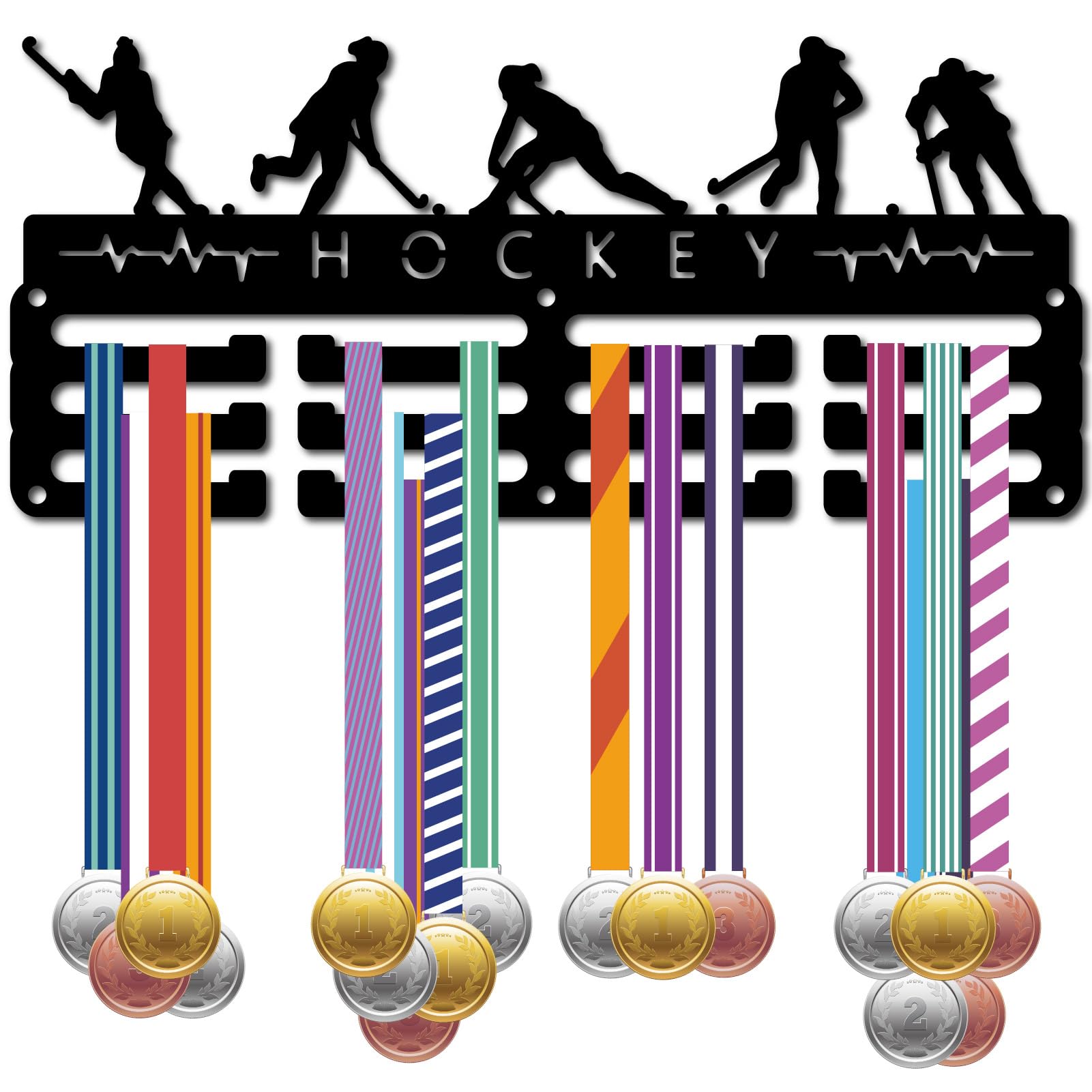CREATCABIN Hockey Medal Holder Display Medal Hanger Rack Sports Frame Wall Mount Decor Small Hooks Metal Medal Hangers Organizer for Hanging Medals Badges Player Awards Storage 11.4 x 5.1Inch Black