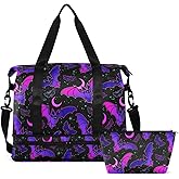 Travel Duffel Tote Bag Purple Bat Gothic Sports Duffel Bag with Wet Pocket Weekender Overnight Bag for Women Men Gym Bag, Carry On Bag Hospital Bag for Labor and Delivery