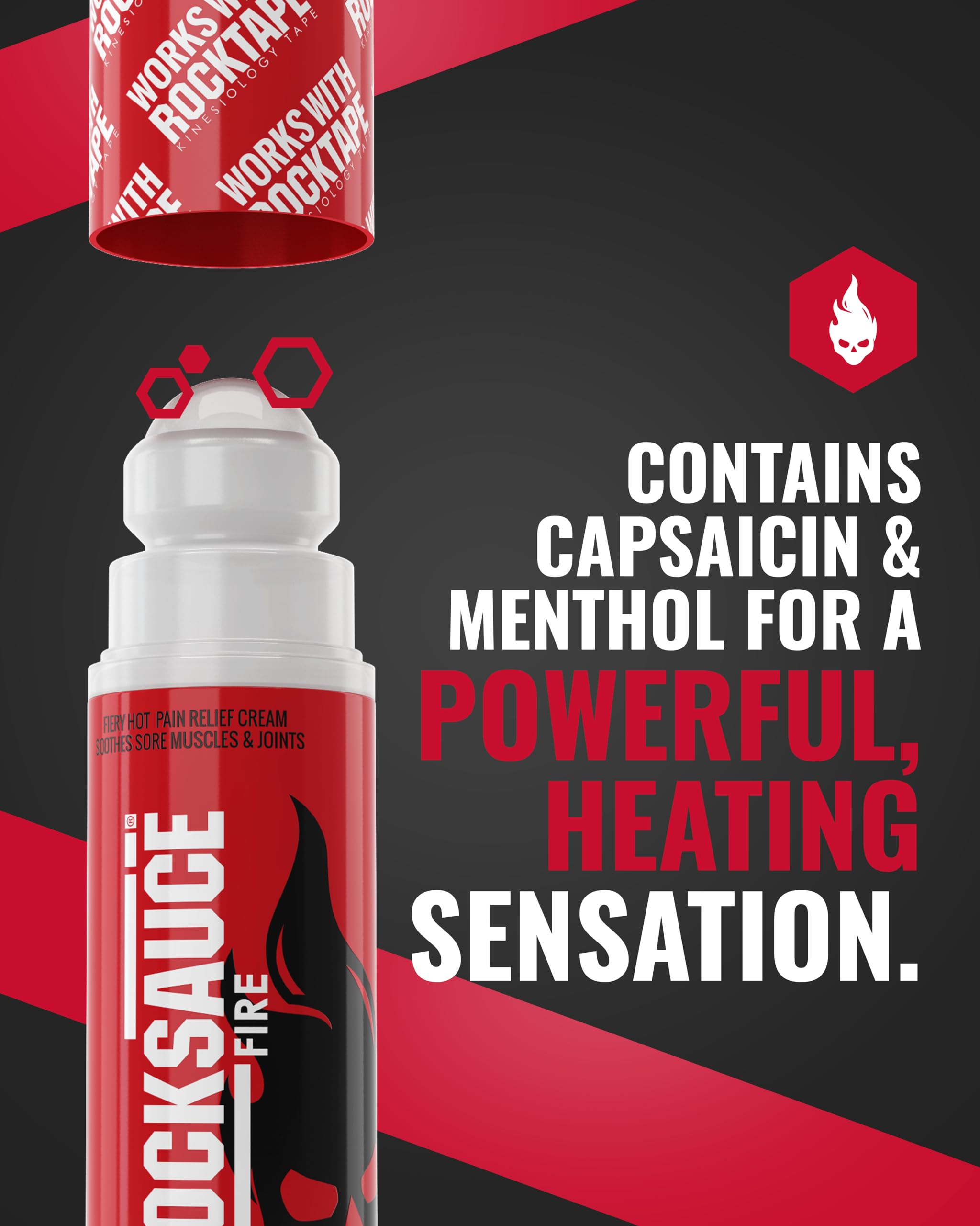 RockSauce Fire, 3 oz Roll-On - Easy to use Pain Relief Cream - Capsaicin & Menthol Formula Relieves Muscle & Joint Pain - Works w/ RockTape - No-Mess Applicator - Dye-Free, Won't Stain Clothes