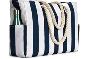 BECOKAN Beach Bags for Women, Pool Bag Waterproof Sandproof Beach Bag Large Capacity Beach Swim Bag with Zipper Stripe Beach Bag Tote