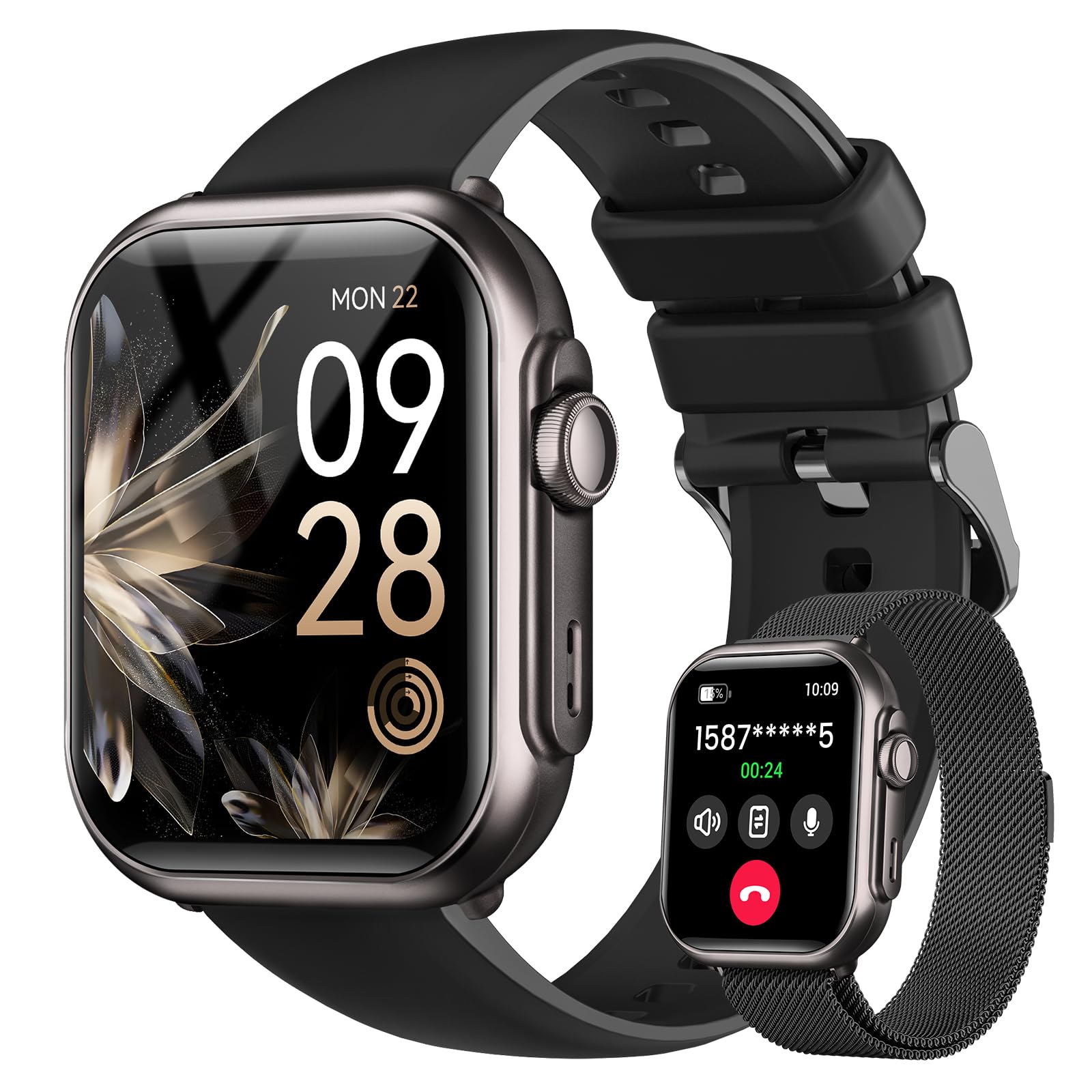 Photo 1 of Smart Watch for Women for iPhone&Android: 100 Day+Battery Life, Smart Watch Bluetooth Call with 24/7 SpO2 Sleep Heart Rate Monitor, IP68 Waterproof,Fitness Tracker with 120+Sport,Reloj Black 2 Bands