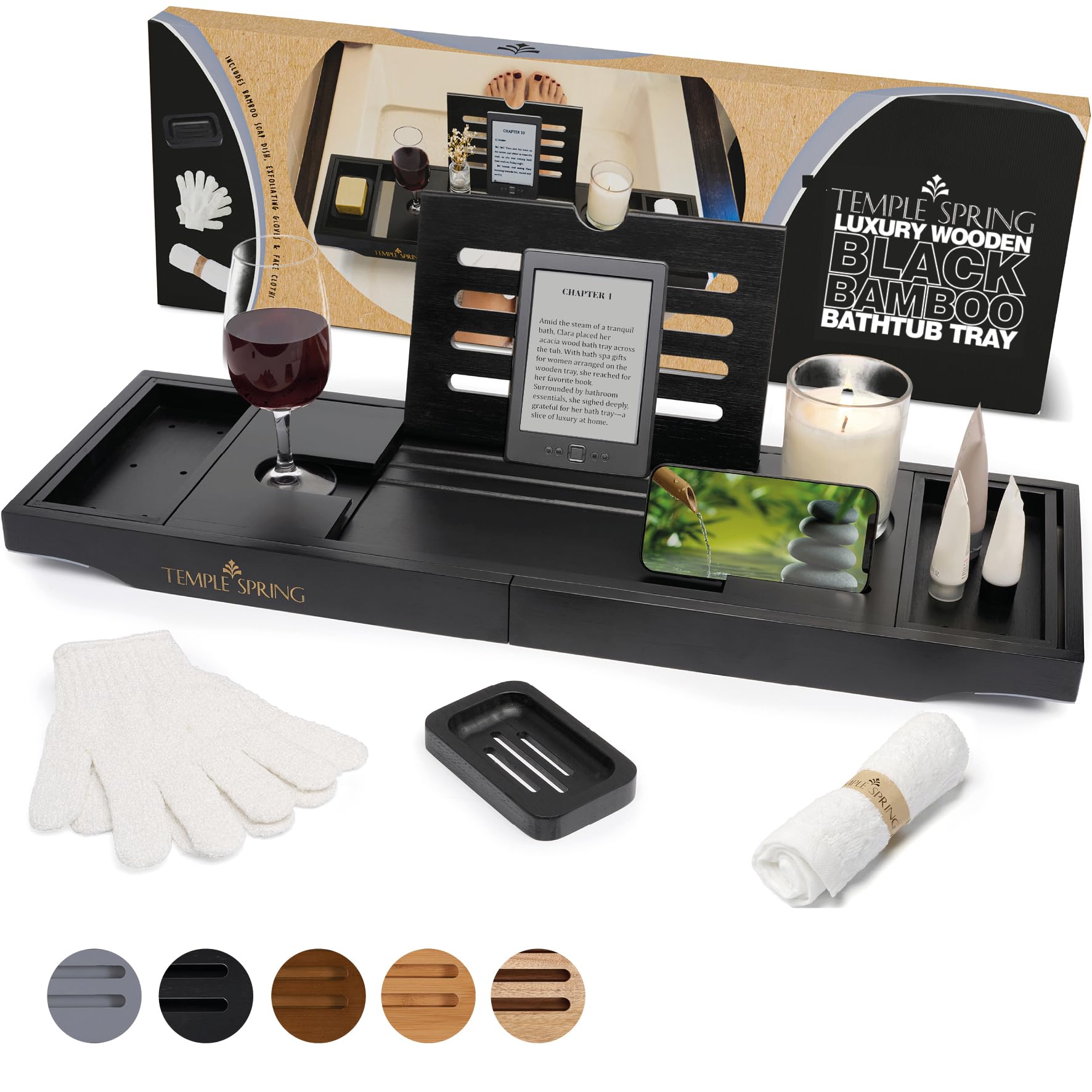Temple Spring Wooden Bath Tray, Bath Shelf Bathroom Accessory, Home Spa Boards for Adults, Bathtub Caddy, Bamboo Bathroom Accessories Set, Extendable Bathtub Rack with iPad & Phone Holder - Black