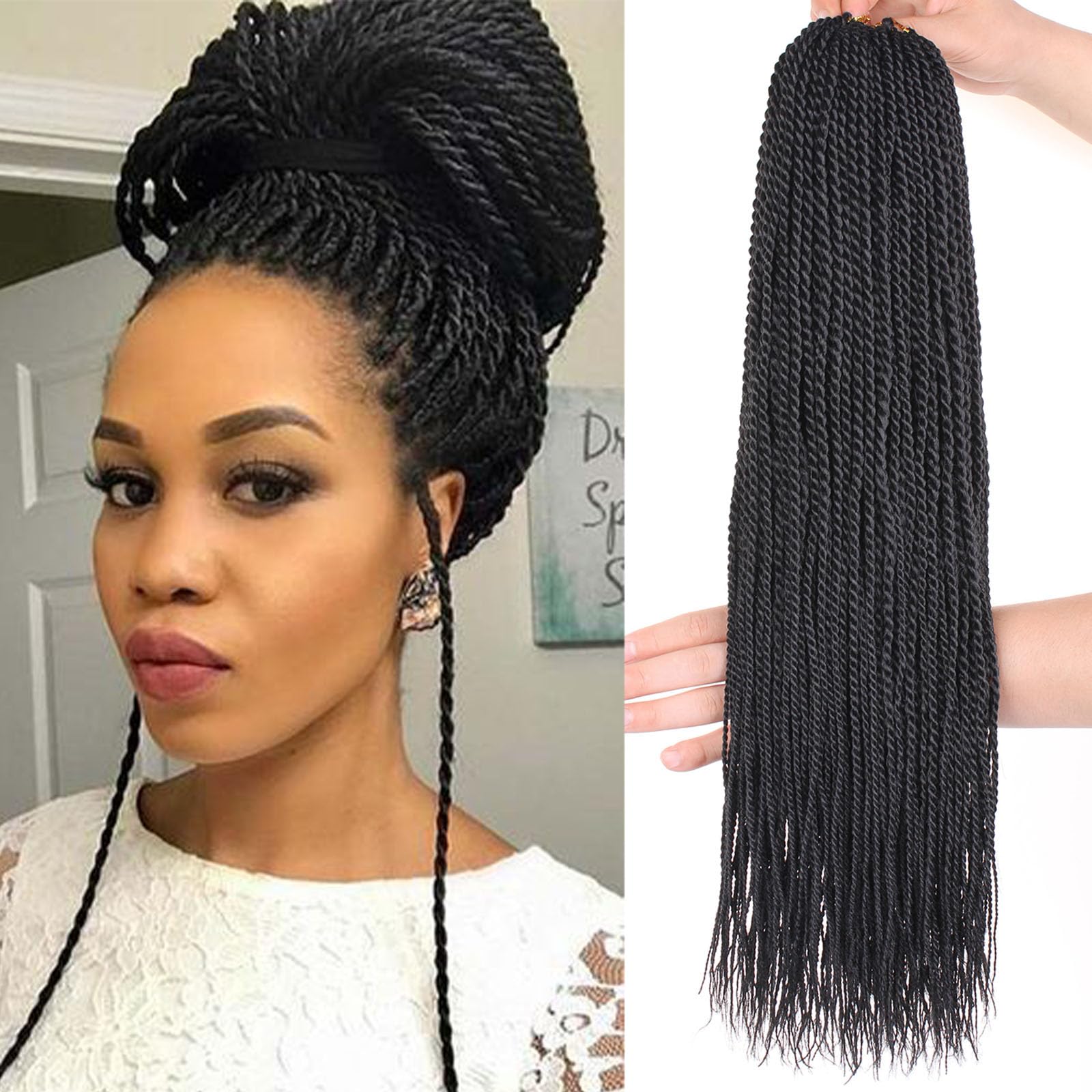 Samtress 18 Inch 8 Paks Mini Senegalese Twist Crochet Hair Black Prelooped Crochet Hair Synthetic for Women Hot Water Setting Crochet Twist Braids Hair 25strands/pack (#1B) — image 1