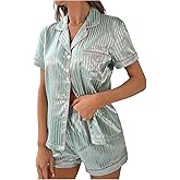WDIRARA Women's Satin Pajama Set Striped Short Sleeve Button Down Shorts Pjs 2 Piece Sleepwear