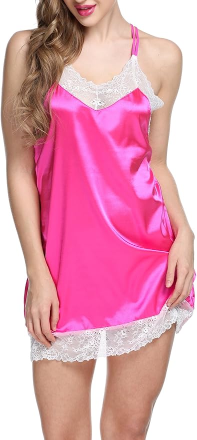 Ekouaer Womens Comfortable V-Neck Chemise Camisole Slip Nighties(Rose Red, XL) at Amazon Womenâs 