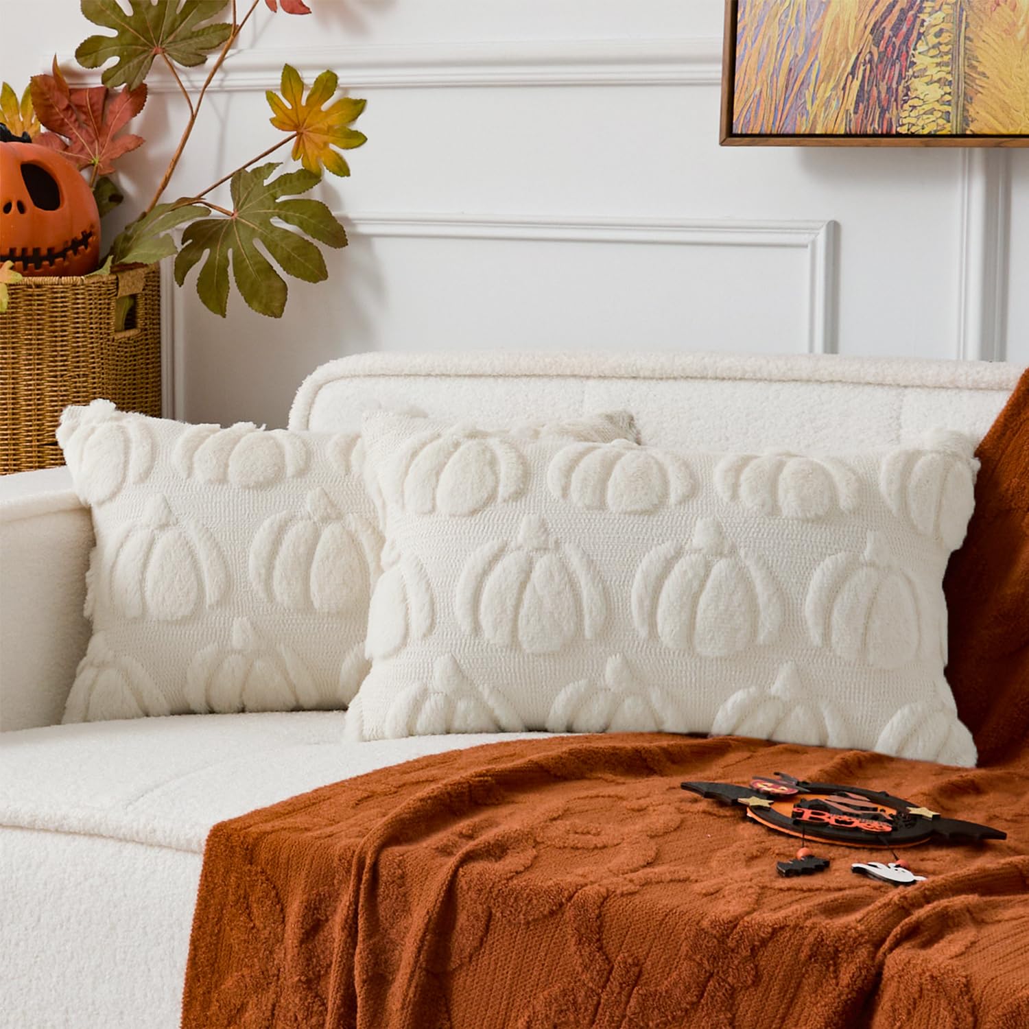 Photo 1 of (COVERS ONLY) (BAGGED) UGASA Fall Pumpkins Pillow Covers 12x20 Inch 2 Packs Soft Plush Faux Wool Fur Rectangle Lumbar Cases Autumn Halloween Home Decor for Couch Sofa Chair Bed, Cream White