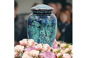 LILIANE MEMORIALS Mosaic Glass Cremation Urn - Hand Made Funeral Urn for Human Ashes - Large Adult Size - Burial - Hand Applied Individual Tiles Create a one of a Kind Work of Art - 200 cu in (Blue Reef)