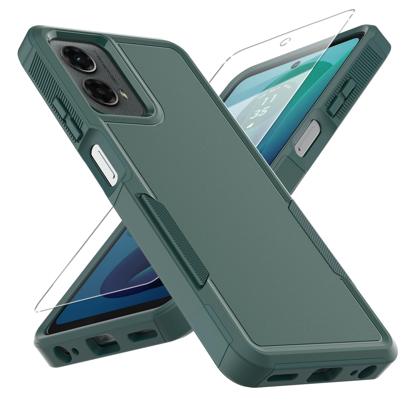 for Moto G 5G 2024 Case, [Military Grade Drop Tested] with Screen Protector, Dual Layer Protective Heavy Duty Cell Phone Cover Non-Slip Shockproof Case for Motorola Moto G 5G 2024 (Dark Green)
