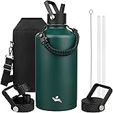 Konokyo Gallon Insulated Water Bottle with Straw,128 oz 3 Lids Water Jug with Carrying Bag,Paracord Handle, Double Wall Vacuum Stainless Steel Metal Flask,Dark Green