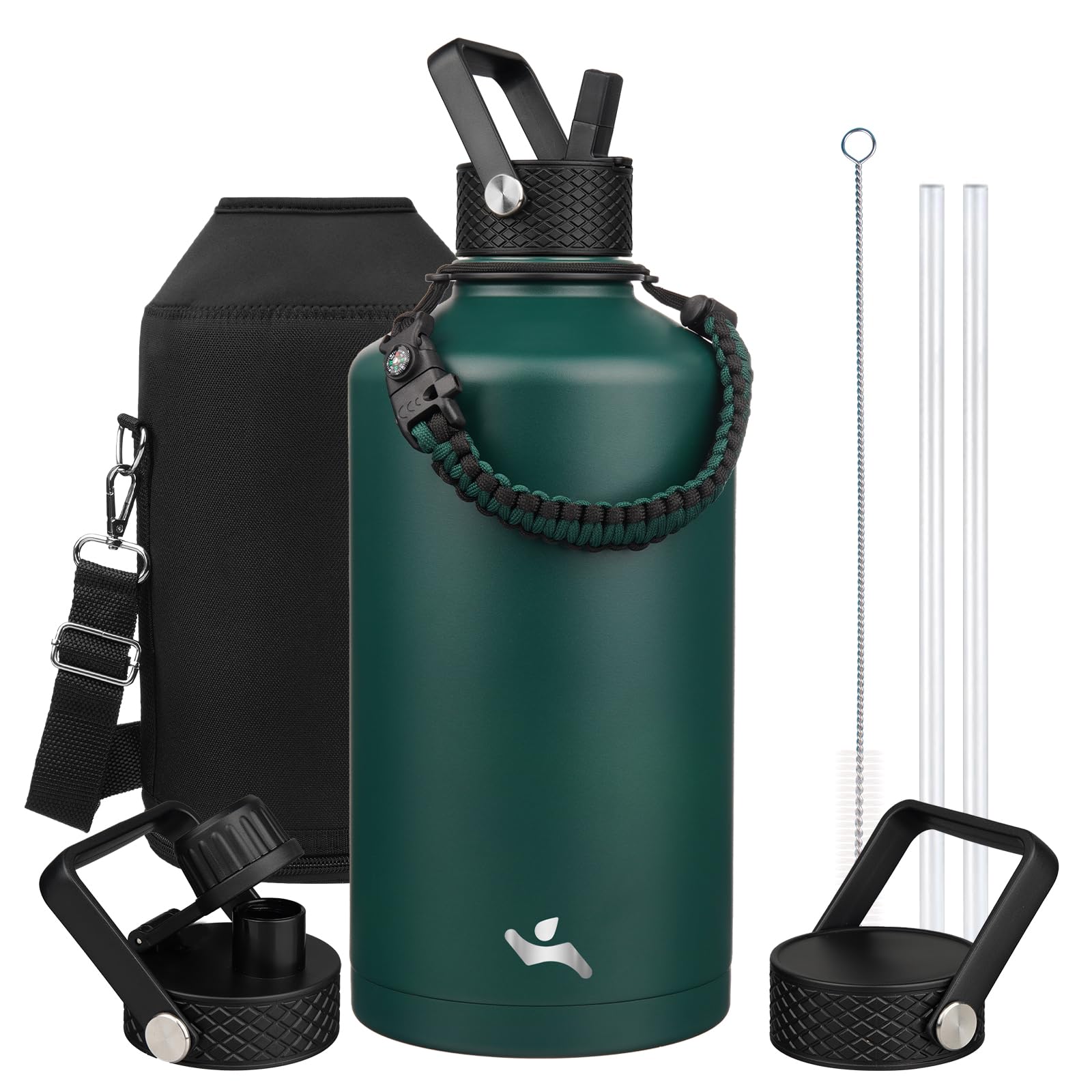 Konokyo Gallon Insulated Water Bottle with Straw,128 oz 3 Lids Water Jug with Carrying Bag,Paracord Handle, Double Wall Vacuum Stainless Steel Metal Flask,Dark Green Image