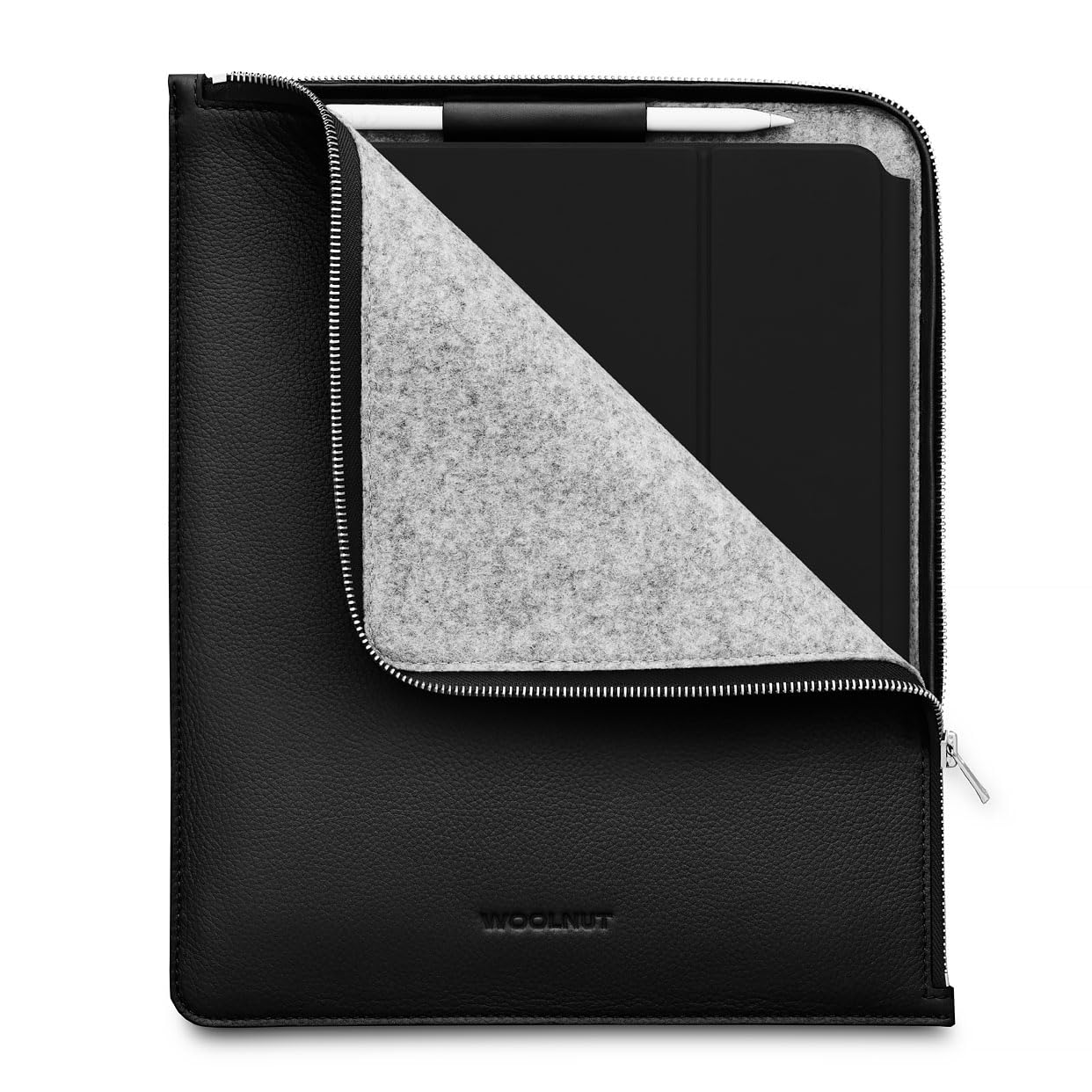 WOOLNUT Leather Folio Cover Case for iPad Pro 13 inch & iPad Air 13 - Black, with Pencil Holder, Premium Full-grain Leather, Zipper/iPad Pro 12.9 Case with iPad Air 13(M4, 2024) Compatibility