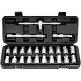 BILITOOLS 23pcs Drain Plug Socket Set, 3/8" Drive for Oil Sump &amp; Gearbox | CR-V Steel, Hex/Square/Spline/Torx/Triangle, t-Bar &amp; 3"/6" Extensions, fits BMW/Ford/Honda/Toyota/VW Etc, Rust-Resistant