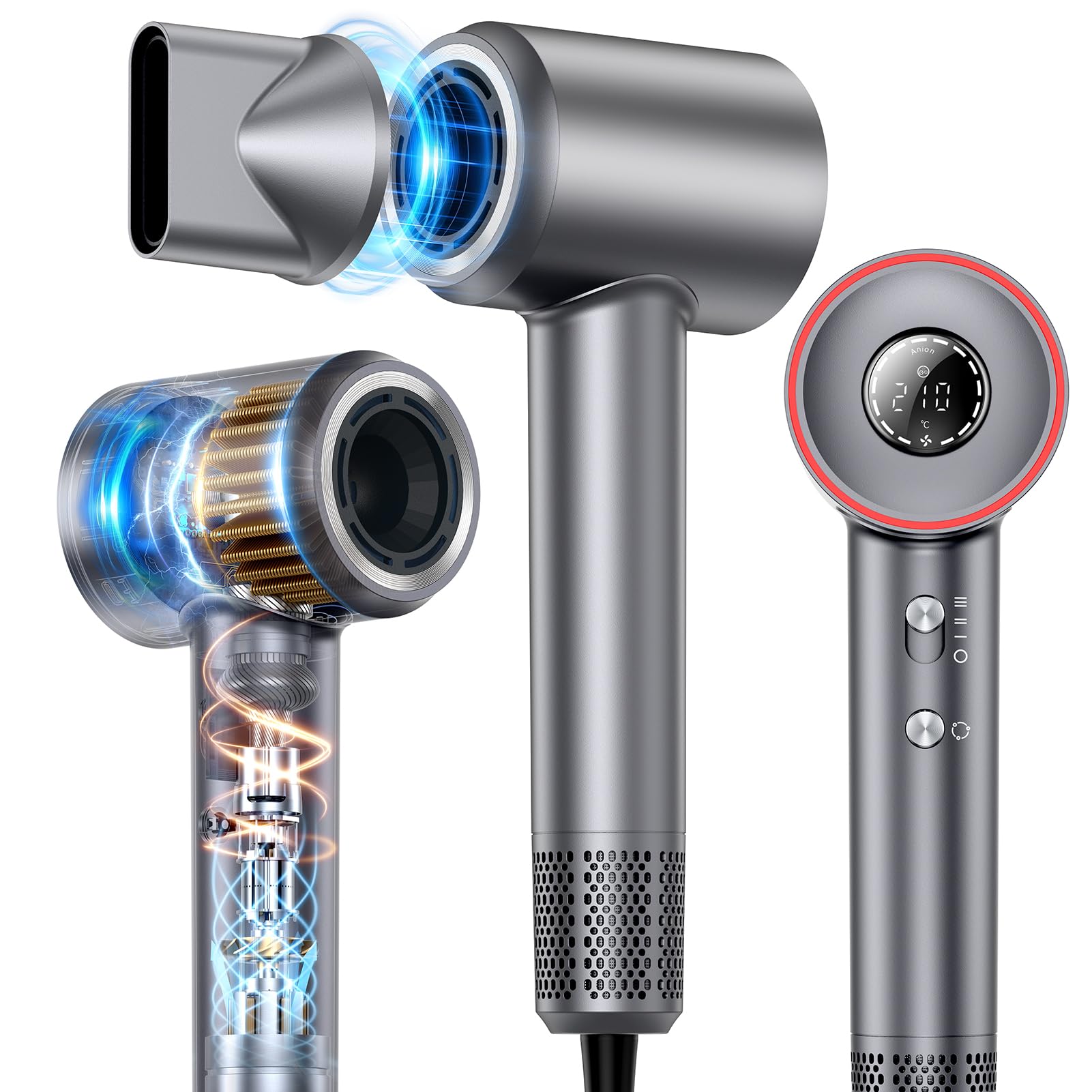 Snugluv Hair Dryer, 160000 RPM High Speed 200 Million Ionic Blow Dryer, Professional Hair Blow Dryer with Diffuser and Nozzle for Home, Travel & Salon Use, 120V Image